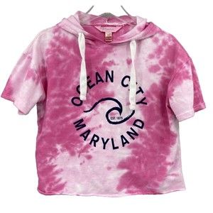 Pink Tie Dye Cropped Short Sleeve Hoodie Womens Medium Ocean City MD Vizio